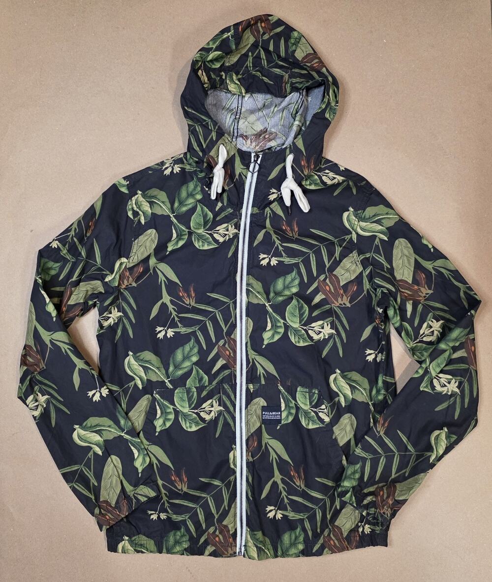 Pull&Bear Hooded Windbreaker Jacket Green Black Men's Size M Botanical Full Zip